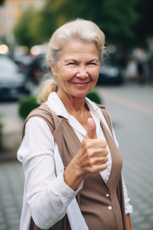 portrait of a woman showing thumbs up while standing outsideの素材
