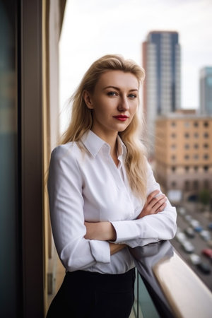 portrait of a young businesswoman standing on the balcony of an officeの素材