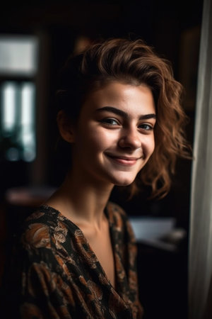 portrait of a smiling young woman at homeの素材