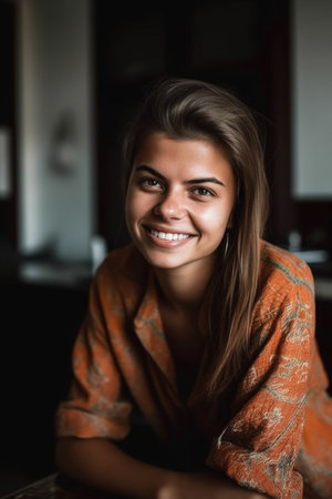 portrait of a smiling young woman at homeの素材