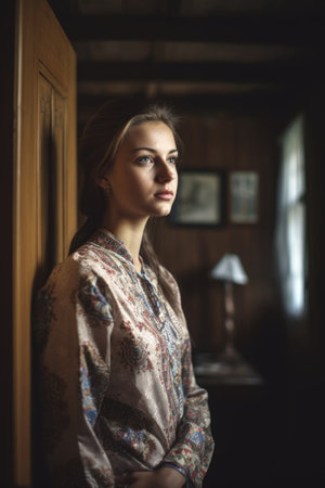 portrait of a young woman standing in her homeの素材