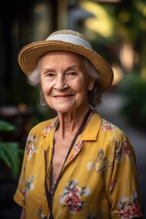 senior woman, portrait and smile in yard for 5th freedom retirement, vacation or travelの素材