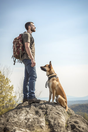 shot of a young man and his dog surveying the terrainの素材