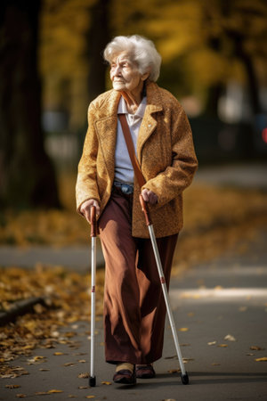 a senior woman walking with her cane outsideの素材