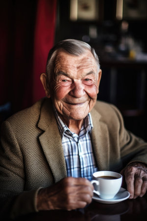 portrait of a smiling senior man enjoying coffee at a cafeの素材