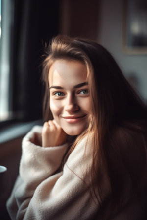 portrait of a happy young woman enjoying her morning coffee at homeの素材