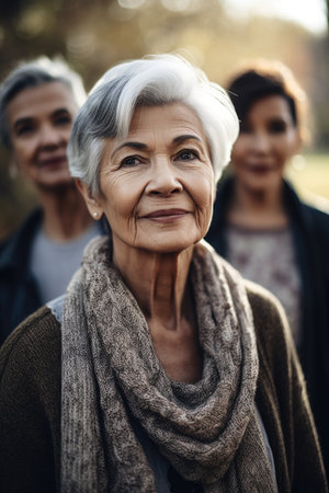 shot of a senior woman standing outside with her familyの素材