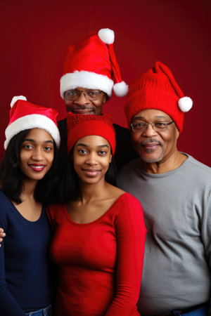 portrait of a diverse family standing together and wearing festive red hatsの素材