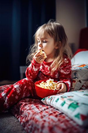 shot of a little girl eating popcorn at christmas timeの素材