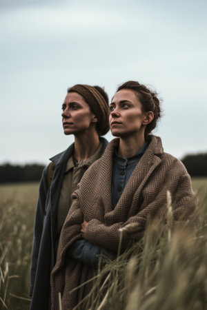 shot of two people standing together in a fieldの素材