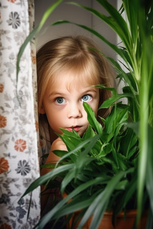 shot of an adorable little girl hiding behind a plantの素材