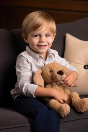 a cute little boy sitting on the sofa and smiling at you while holding a teddy bearの素材