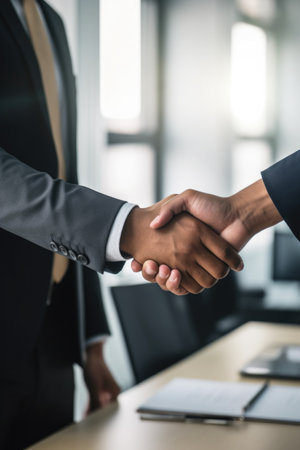 cropped shot of two business colleagues shaking hands in an officeの素材