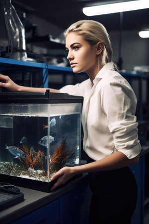 shot of a young woman holding a fish tank in her labの素材