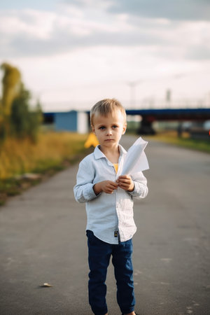 adorable little boy standing and holding a paper airplaneの素材