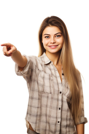 portrait of a beautiful young woman pointing at copyspace isolated on whiteの素材