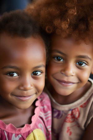 two kids looking at the camera with a smileの素材