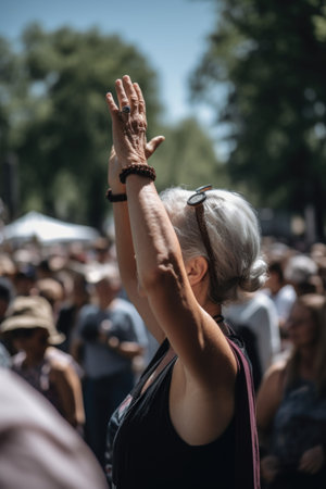 shot of a person holding up their hand in protest during an eventの素材