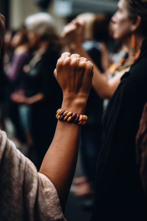 shot of a person holding up their hand in protest during an eventの素材