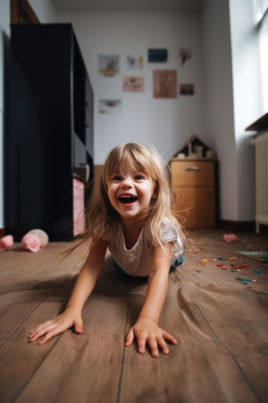 portrait of a happy little girl having fun on the floor at homeの素材