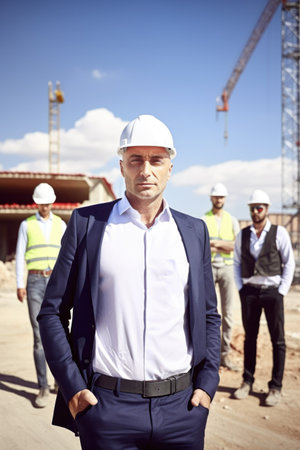 shot of an architect standing next to a building site with his colleagues in the backgroundの素材
