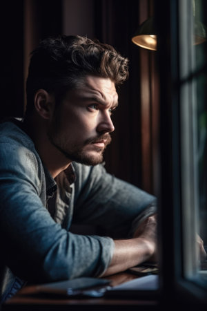 shot of a man looking thoughtfully out the window while sitting behind his laptopの素材