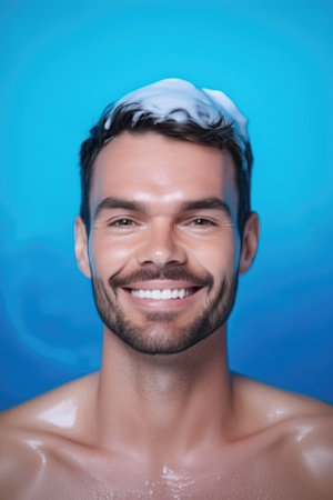 face, relax and man with a smile on blue background in the wellness spa for peace and calmの素材