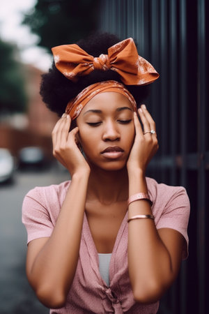 shot of a young woman standing outside and covering her earsの素材