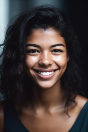 closeup shot of a young woman smiling while looking at the cameraの素材