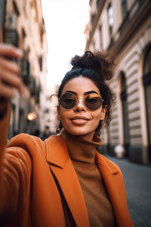 shot of a young woman taking selfies in the cityの素材