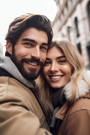 shot of a young couple taking selfies in the cityの素材
