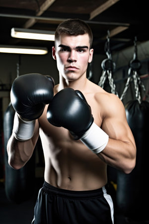 shot of a young boxer standing with his hand in the air and holding glovesの素材