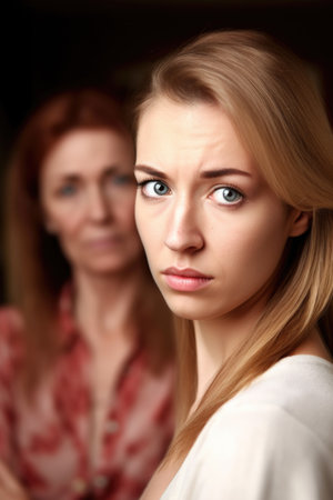 portrait of a beautiful young woman with her mother standing in the backgroundの素材