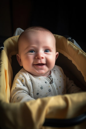 a happy baby boy resting in a carrycotの素材