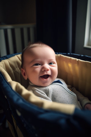 a happy baby boy resting in a carrycotの素材