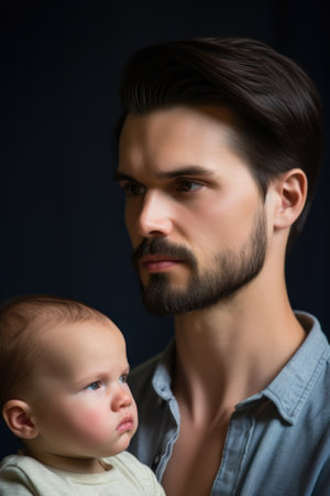 portrait of a handsome young man looking thoughtful while holding his newborn baby boyの素材