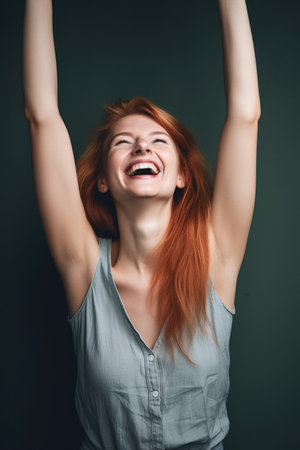 shot of a young woman with her hands raised in happinessの素材
