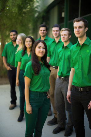 closeup of a green energy company with staff to the rightの素材