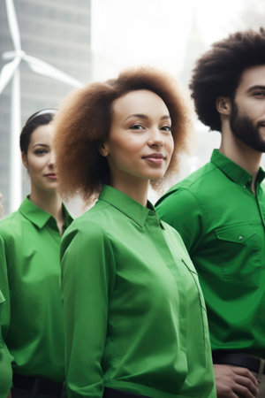 closeup of a green energy company with staff to the rightの素材