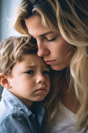 cropped shot of a young mother comforting her sonの素材