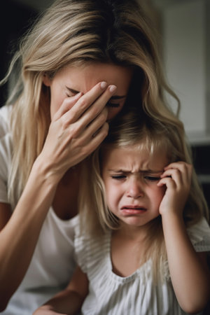 cropped shot of a mother rubbing her daughter s hair while she criesの素材
