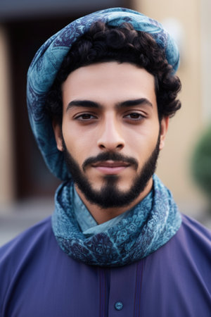 cropped shot of a handsome young muslim man standing outsideの素材