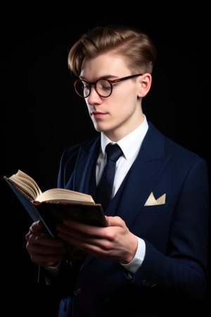 a young man in a suit using spectacles and holding a book with copyspaceの素材