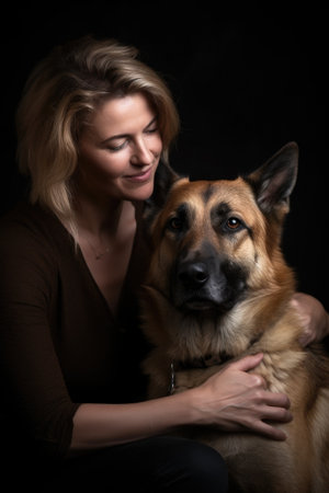 studio shot of a woman and her dog against a dark backgroundの素材