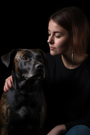 studio shot of a woman and her dog against a dark backgroundの素材