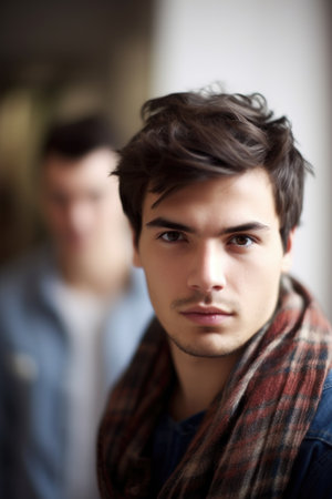 portrait of a handsome young man with his friend in the backgroundの素材