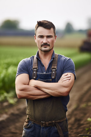 portrait of a male farmer standing with his arms crossed on his farmlandの素材