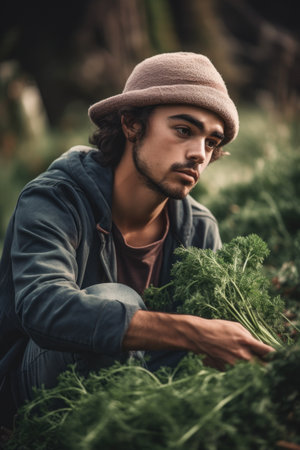 portrait of a young man working on a sustainable farmの素材