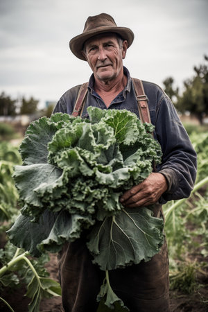 shot of a farmer holding up a bunch of freshly harvested kaleの素材