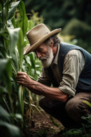shot of a farmer harvesting sweetcorn crops on his farmの素材